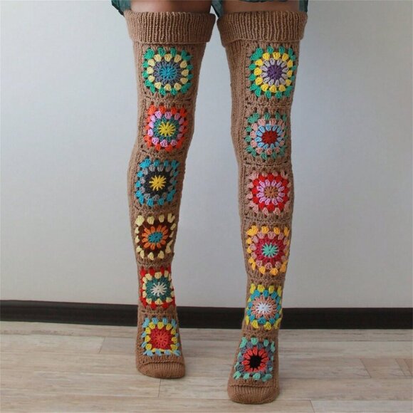 Khaki Women's Extra Long Crochet-Knit Thigh Socks Over Knee Stockings - Picture 3 of 3